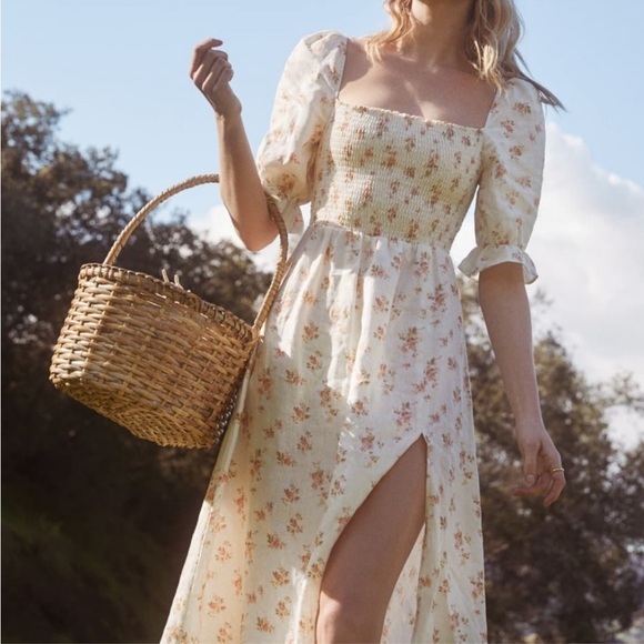 Reformation Dresses & Skirts - Reformation Marabella Linen Smocked Front Slit Midi Dress Mildred Cream Large